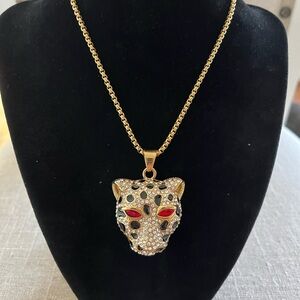 Fierce 24” Gold Stainless Steel Leopard Necklace with Red Accents